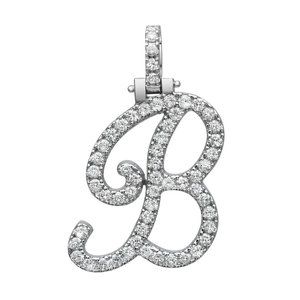 Round Cut Diamond "B" Calligraphy Initial Letter Pendant 14K White Gold 1.23Cttw